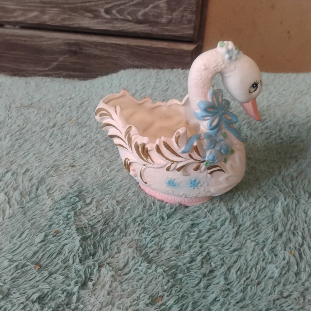 Elegant White and Blue Ceramic Swan Bird Planter